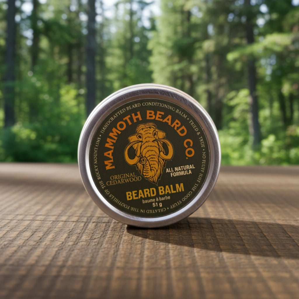 Mammoth Beard Co. Original Cedarwood Beard Balm container on a wooden surface with a forest background