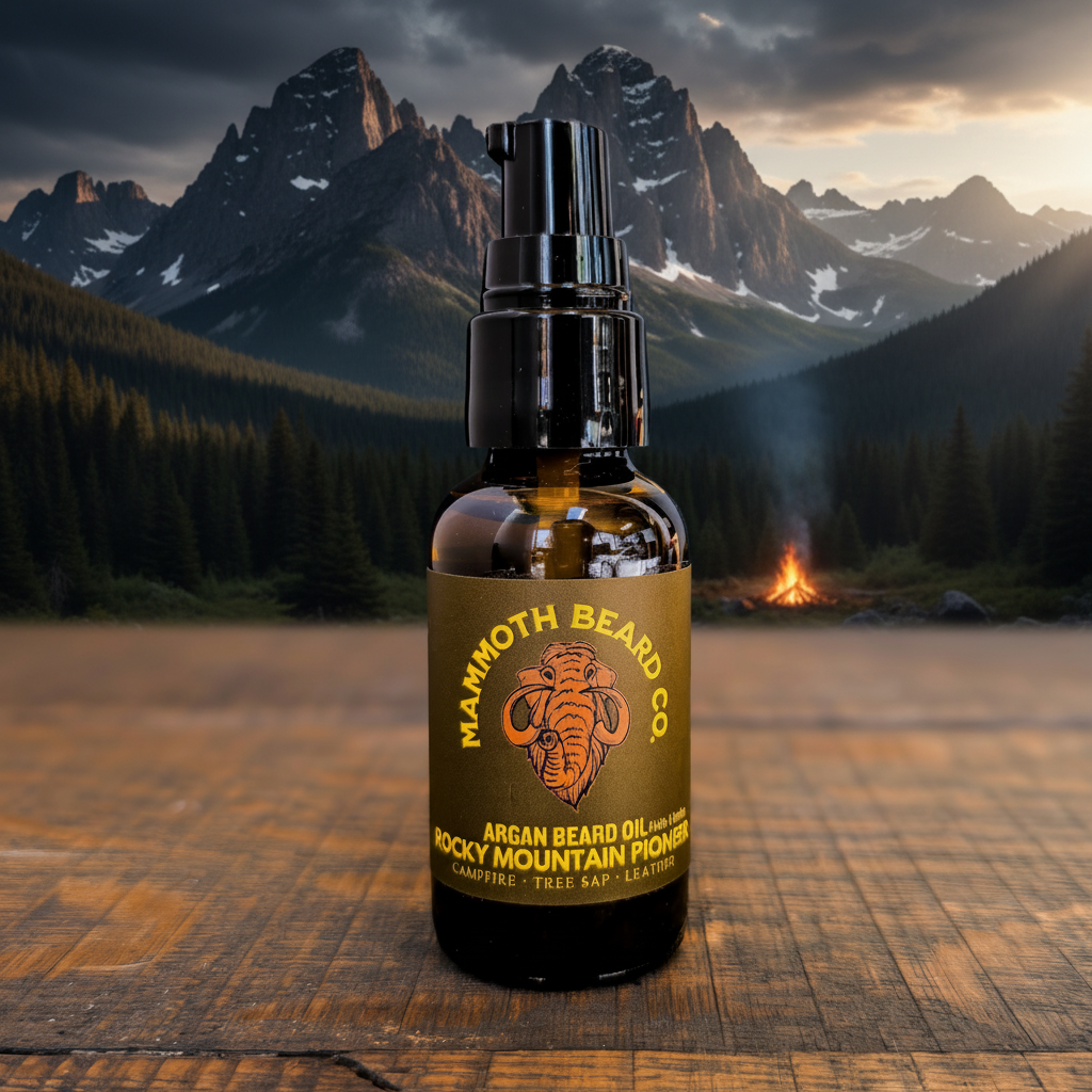 A bottle of Rocky Mountain Pioneer Beard Oil on a wooden table with a mountain landscape in the background.