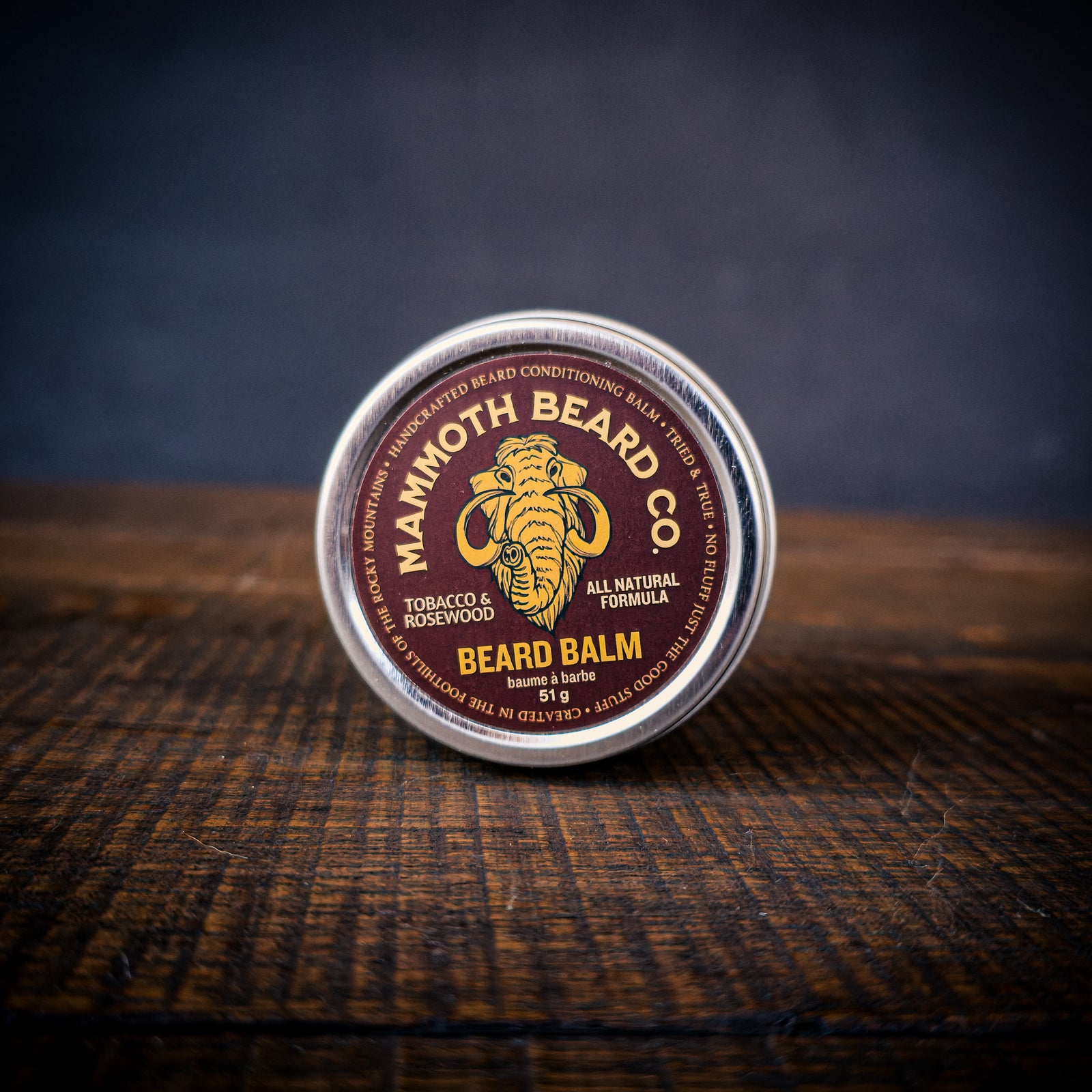 Mammoth Beard Co Tobacco & Rosewood beard balm tin, all natural beard balm for light hold, conditioning, and beard control