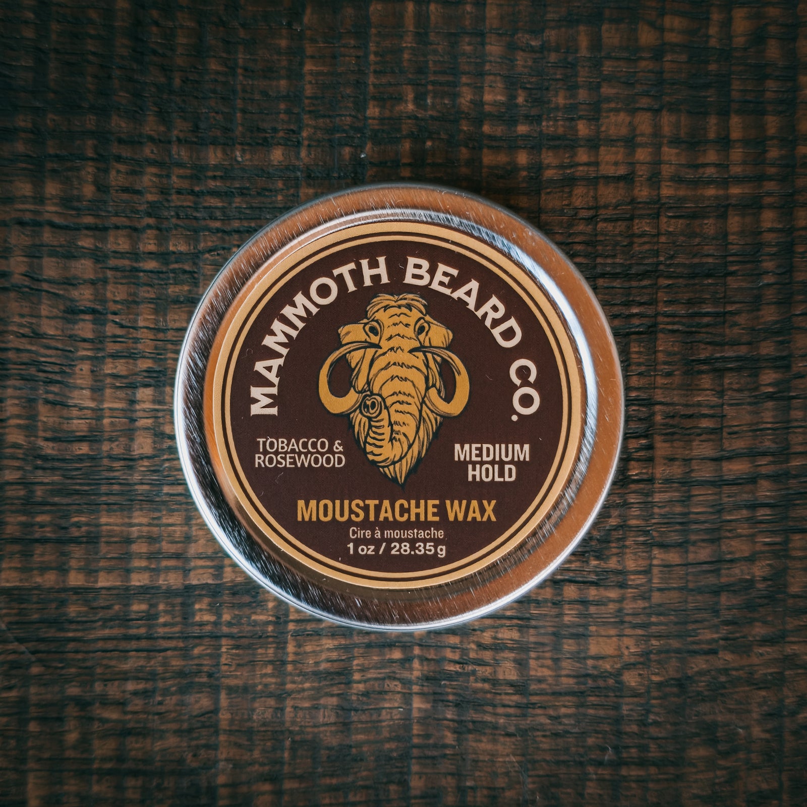 Mammoth Beard Co Tobacco & Rosewood moustache wax tin, medium hold moustache wax for shaping and control