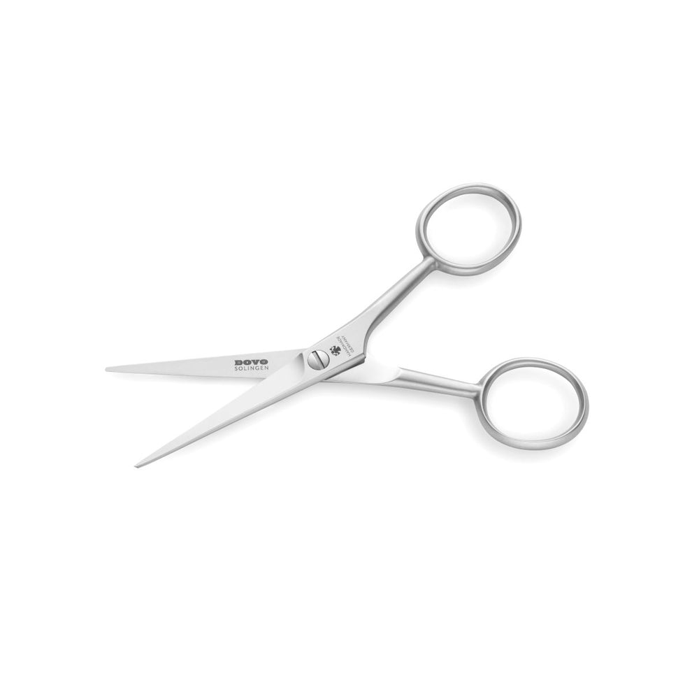 DOVO Solingen stainless steel beard and moustache scissors opened with fine pointed blades on a white background