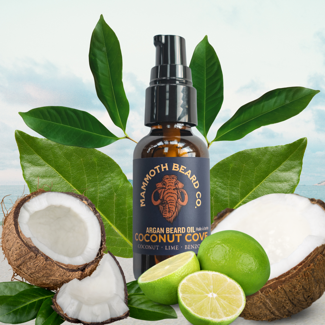 Mammoth Beard Co. argan beard oil bottle with coconuts and limes on a light blue background