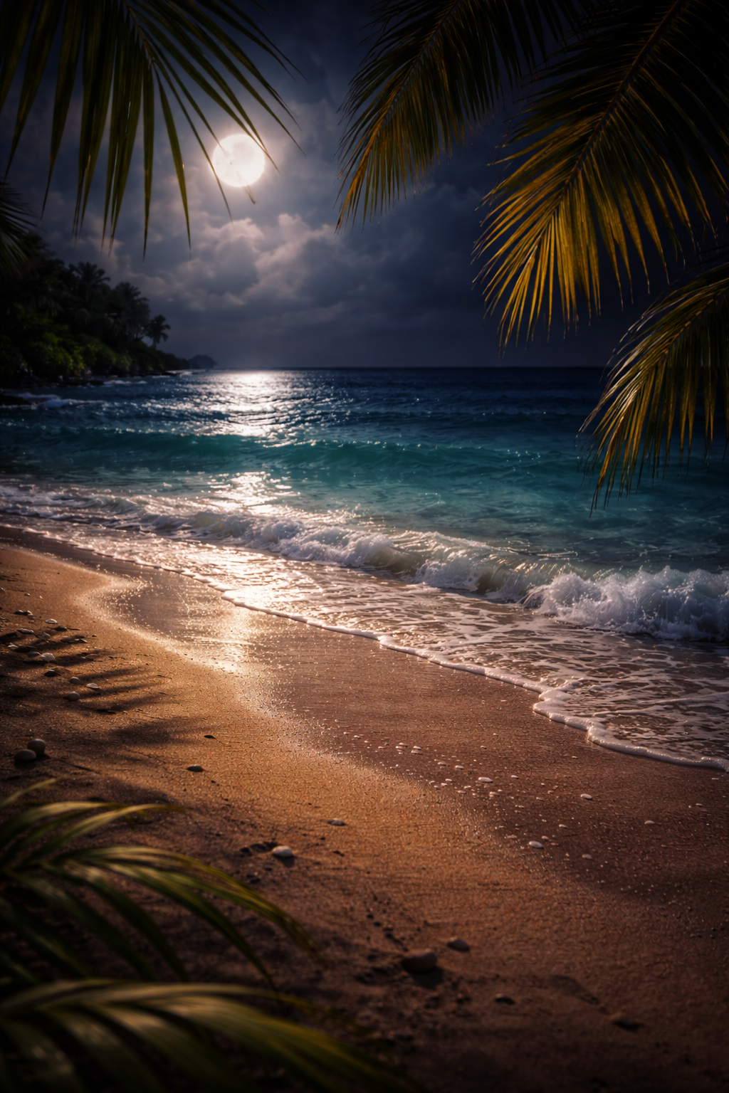 A nighttime beach scene depicting the feel of Mammoth Beard Co Coconut Cove scent