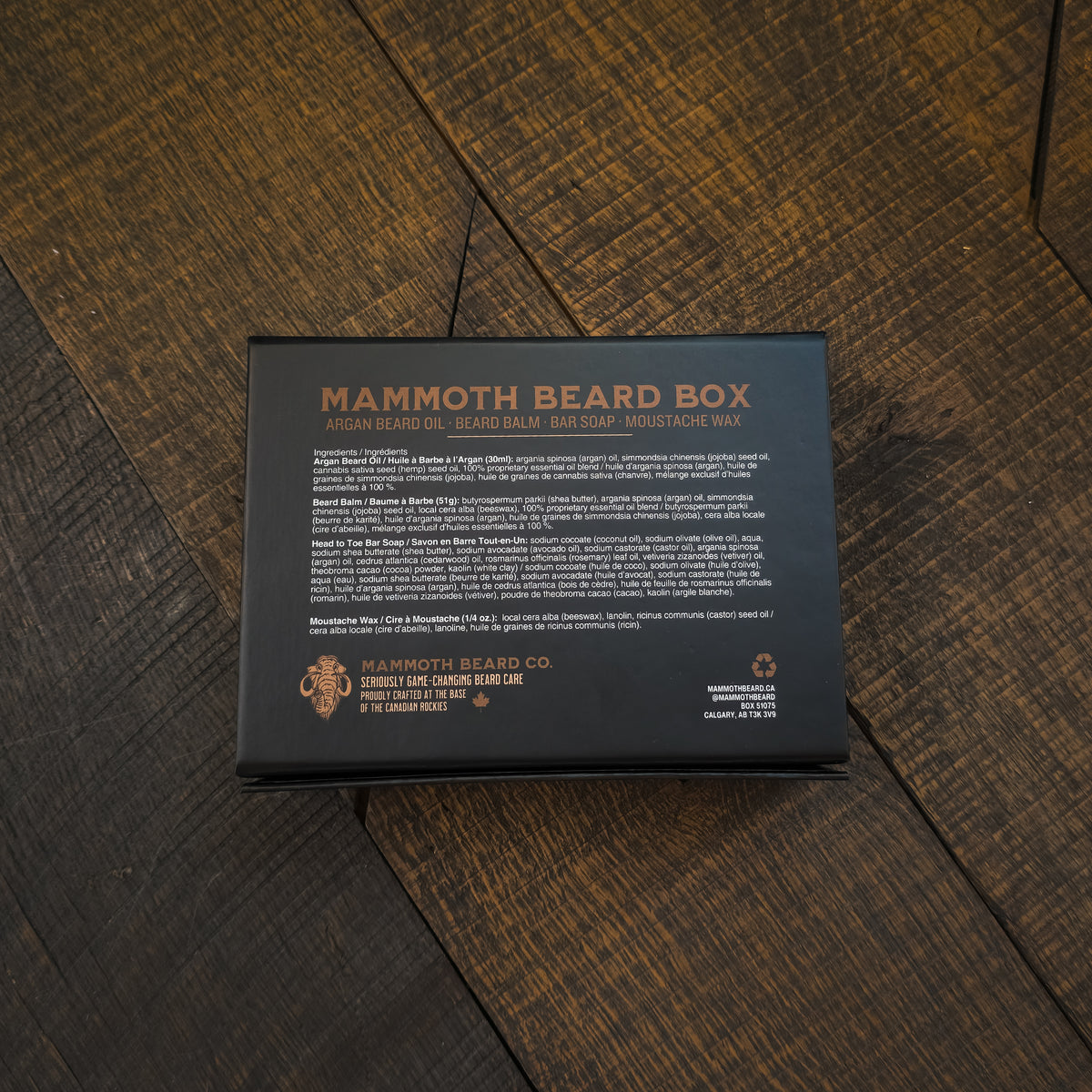 Mammoth Beard Box packaging on a wooden surface