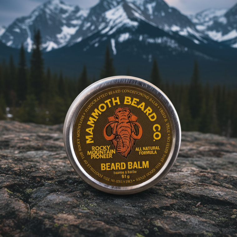 A tin of Rocky Mountain Pioneer Beard Balm with a Mountain landscape backgrounds 