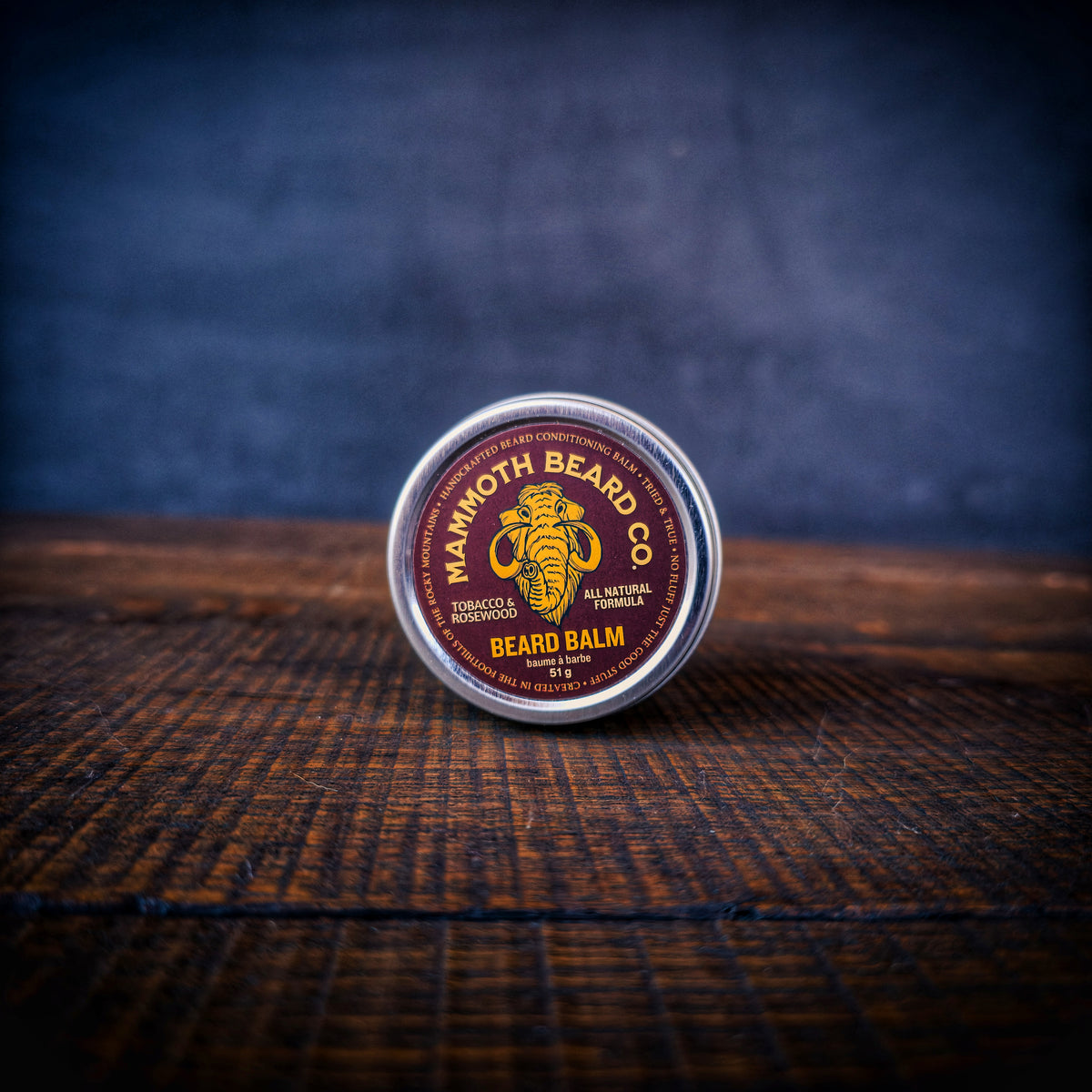 Mammoth Beard Co Tobacco &amp; Rosewood beard balm tin, all natural beard balm for light hold, conditioning, and beard control