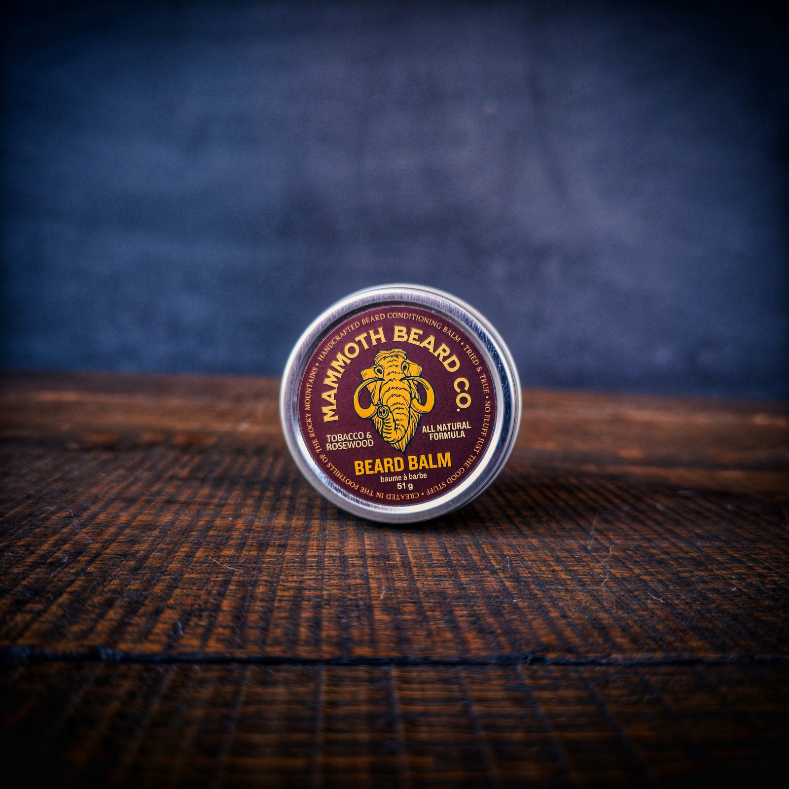 Mammoth Beard Co Tobacco & Rosewood beard balm tin, all natural beard balm for light hold, conditioning, and beard control