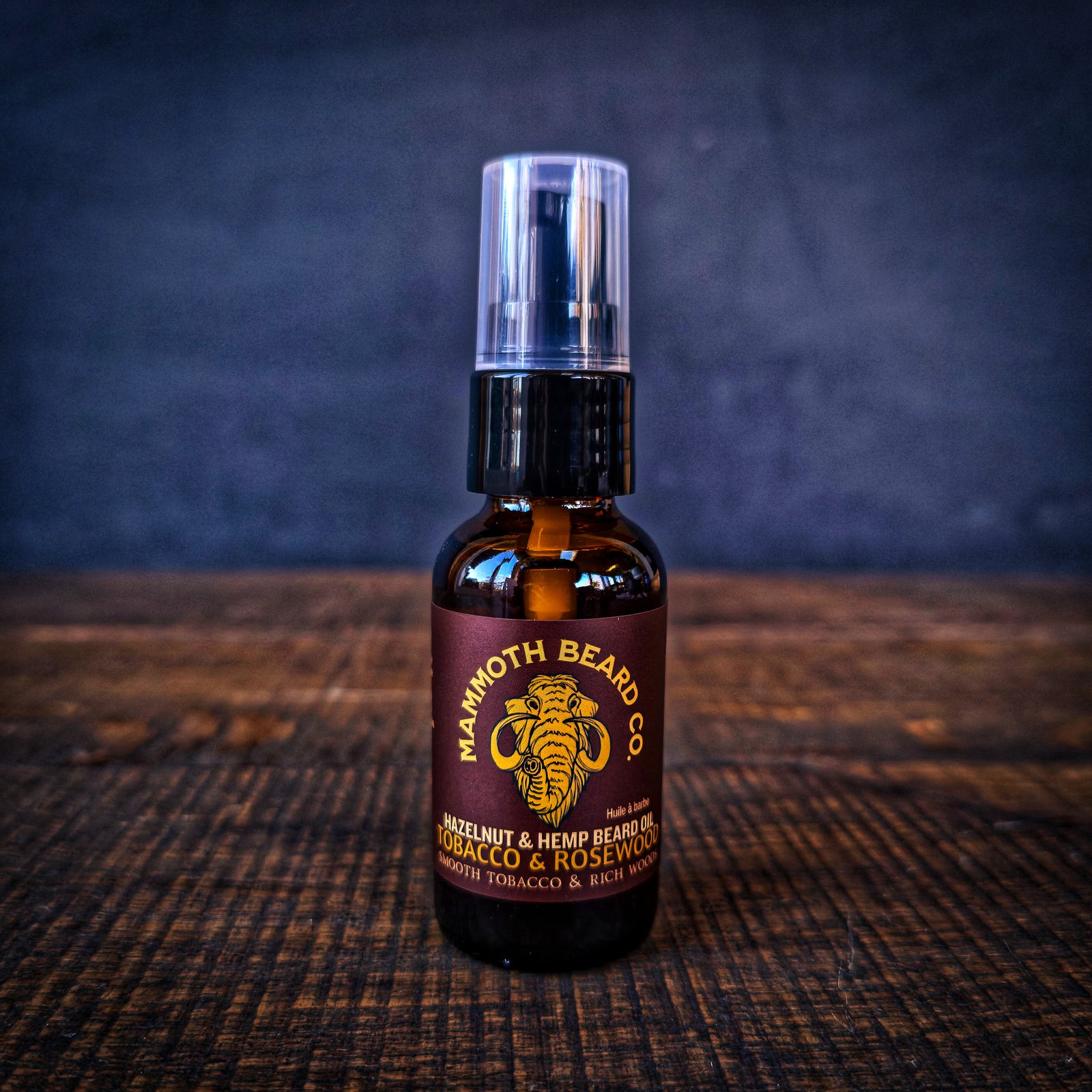 Mammoth Beard Co Hazelnut & Hemp beard oil in Tobacco & Rosewood scent, lightweight beard, skin, and hair oil for daily grooming