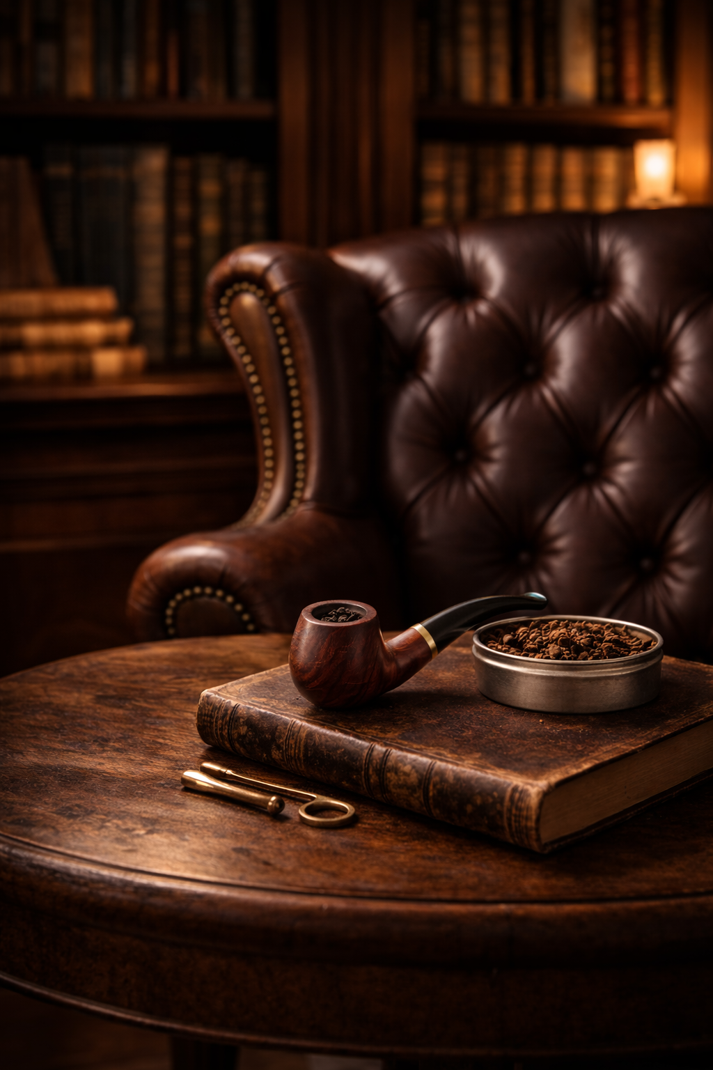 A masculine styled library with a leather chair and a pipe with pipe tobacco on a side table representing Mammoth beard Co's Tobacco & Rosewood beard care line